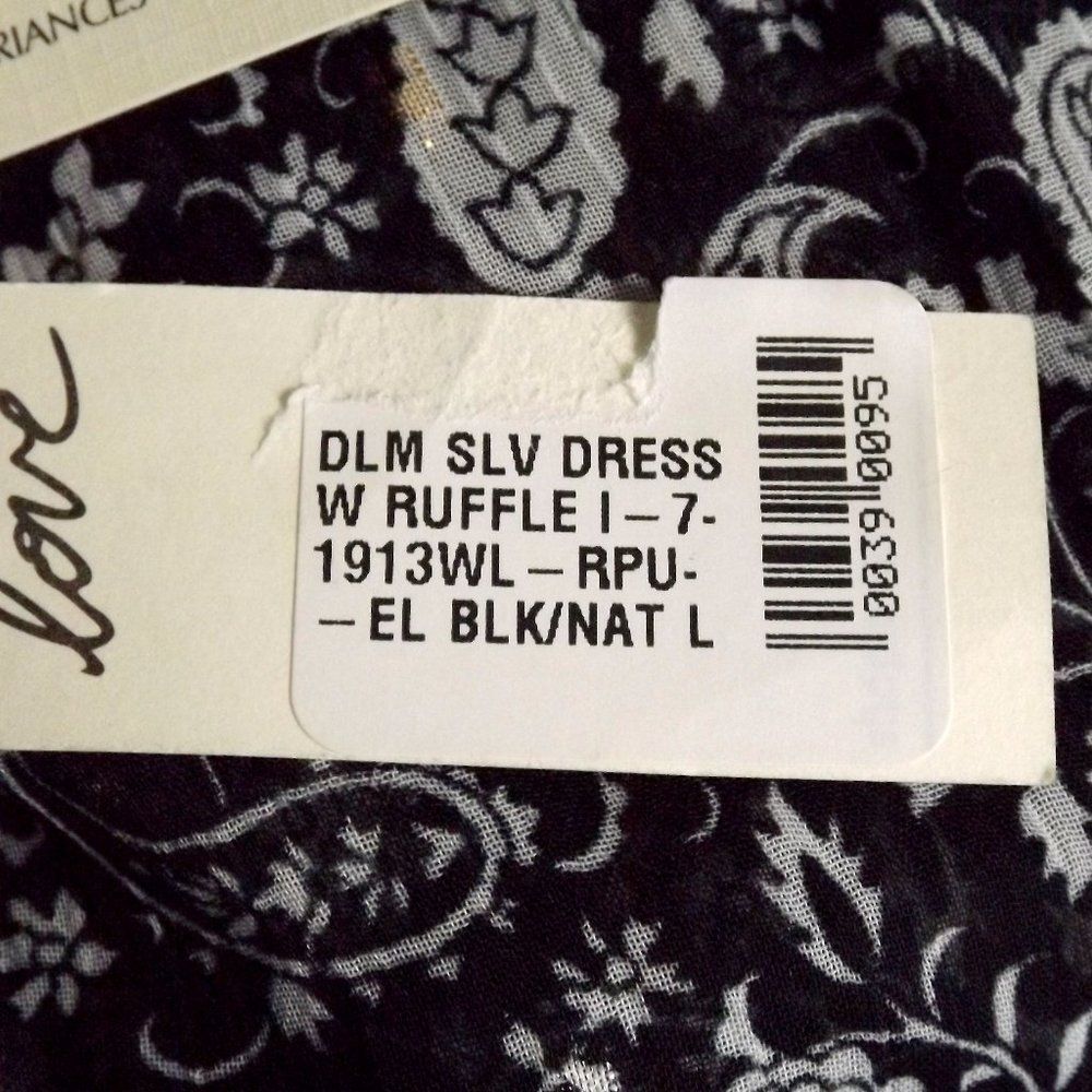 new LOVESTITCH Dress, L, Black/White Paisley, Smocked Waist/Cuffs, Attached Slip - Picture 13 of 15